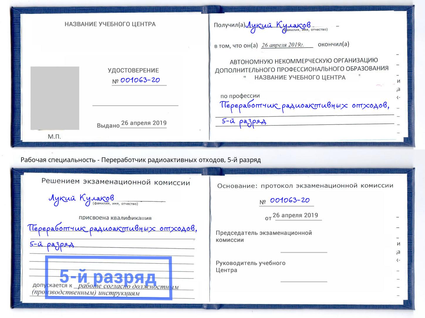 корочка 5-й разряд Переработчик радиоактивных отходов Искитим