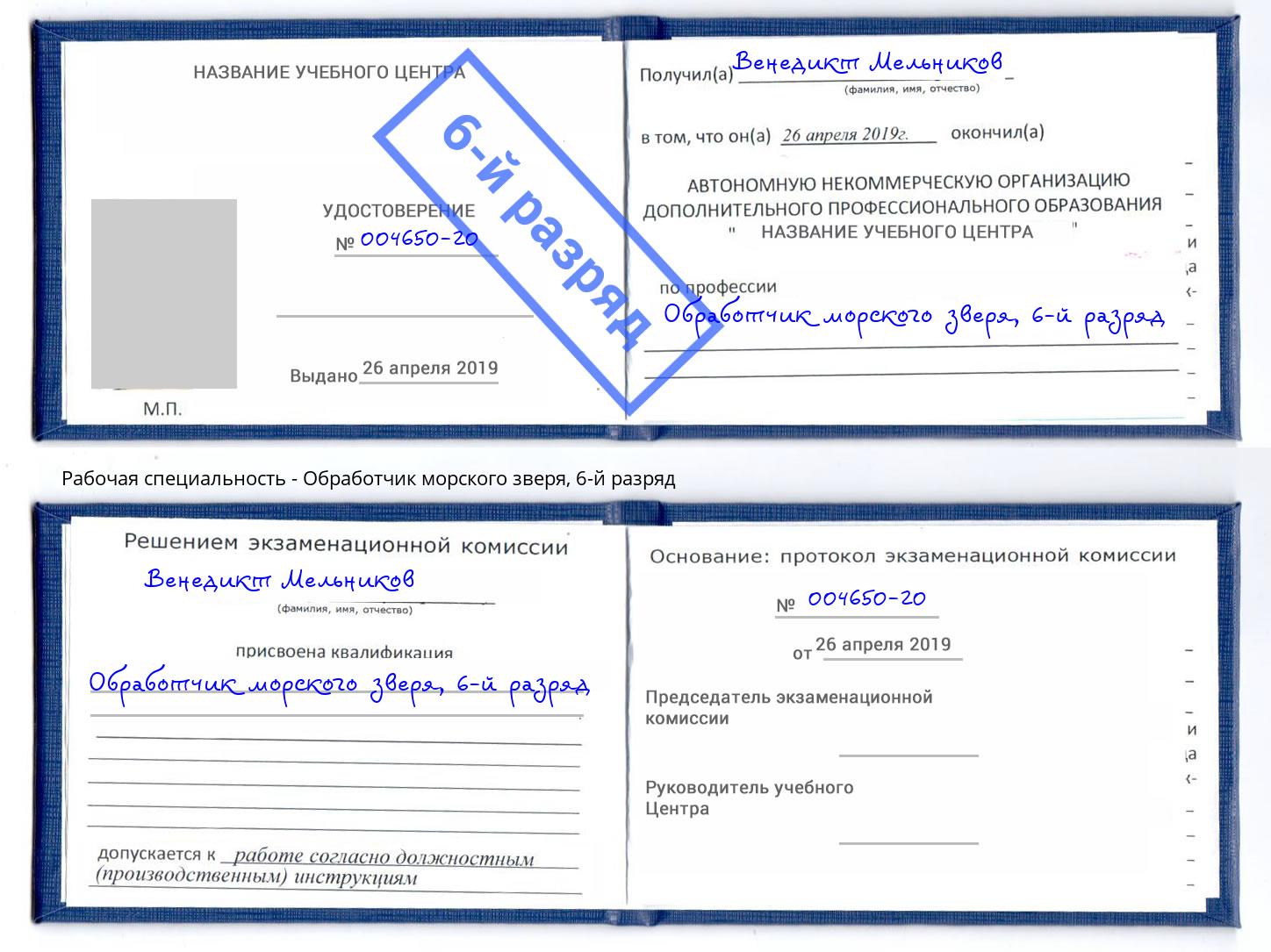 корочка 6-й разряд Обработчик морского зверя Искитим