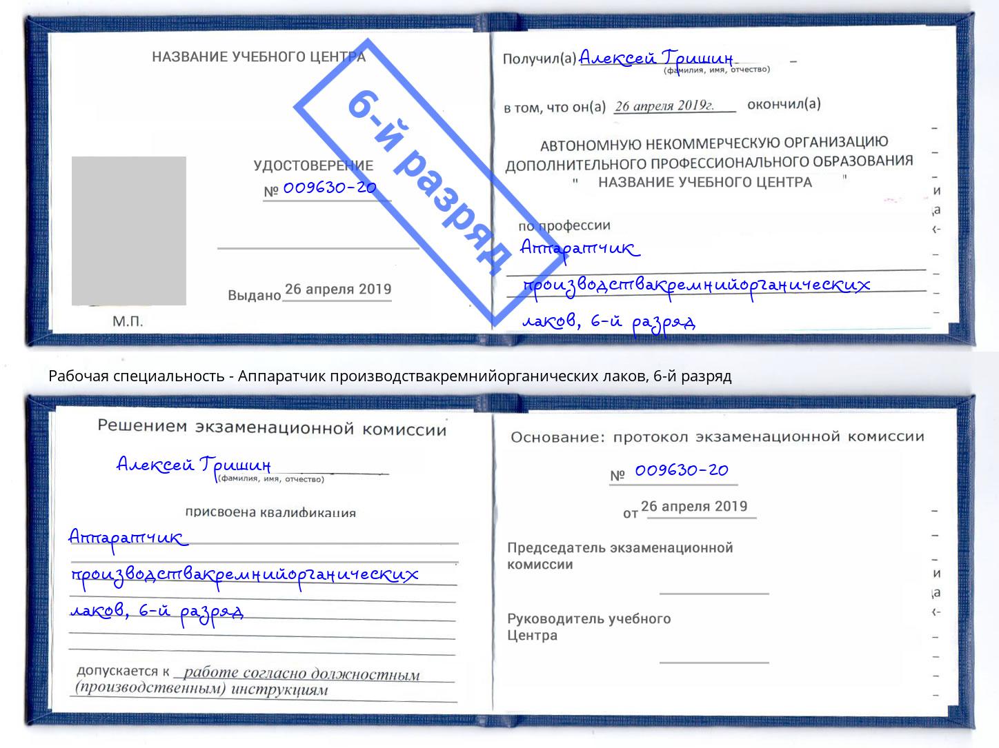 корочка 6-й разряд Аппаратчик производствакремнийорганических лаков Искитим