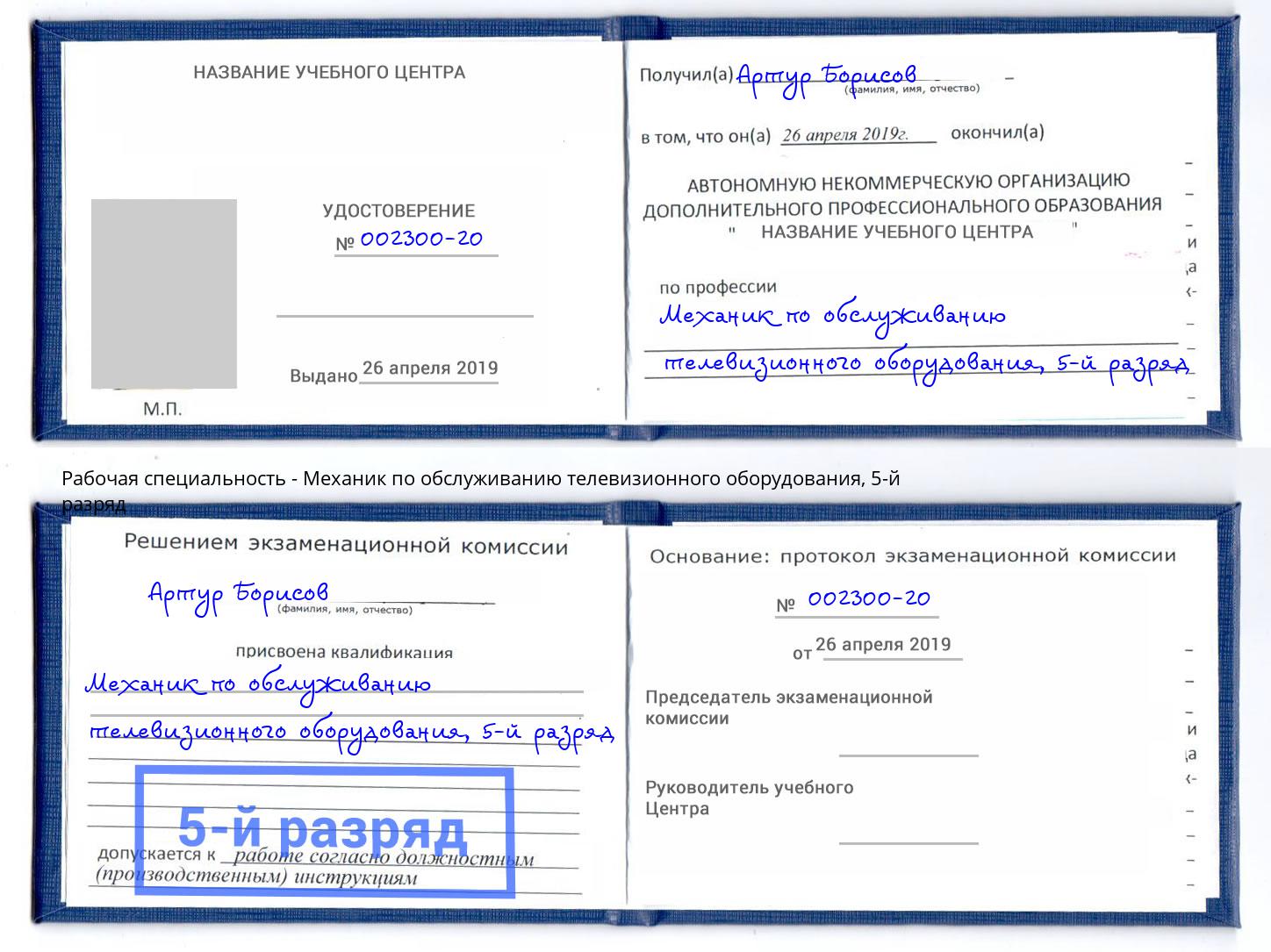 корочка 5-й разряд Механик по обслуживанию телевизионного оборудования Искитим